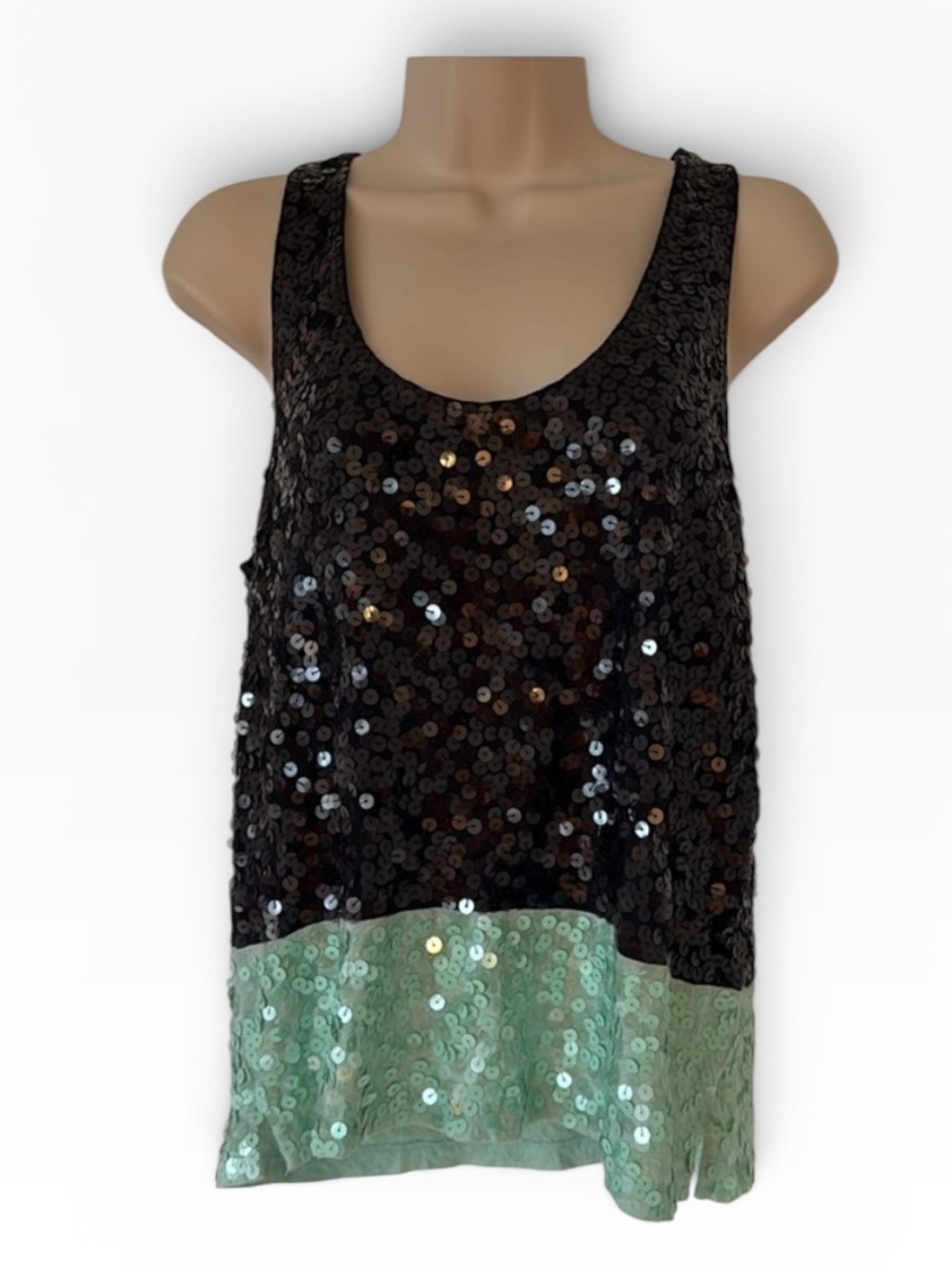 💙 J.Crew Colorblock Sequin Tank Top Navy Mint Green Silk Trim Medium - Picture 2 of 7